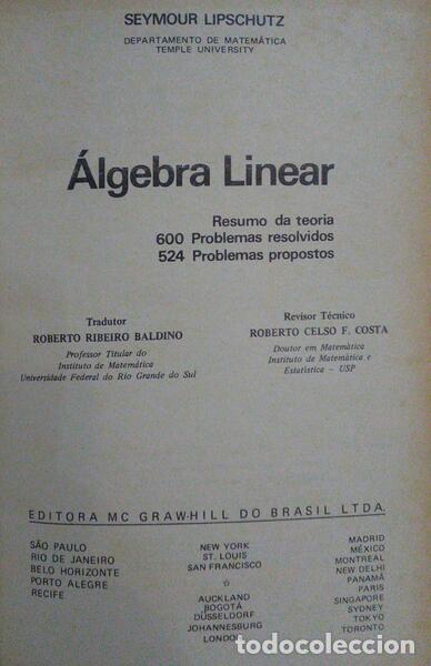 Libros antiguos: LIPSCHUTZ. (Seymour) - &Aacute;LGEBRA LINEAR. - Foto 1