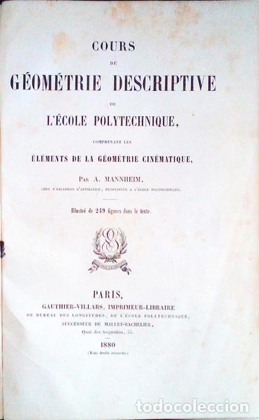 Libros antiguos: MANNHEIM. (A.) - COURS DE G&Eacute;OM&Eacute;TRIE DESCRIPTIVE DE L&#39;&Eacute;COLE POLYTECHNIQUE, - Foto 1