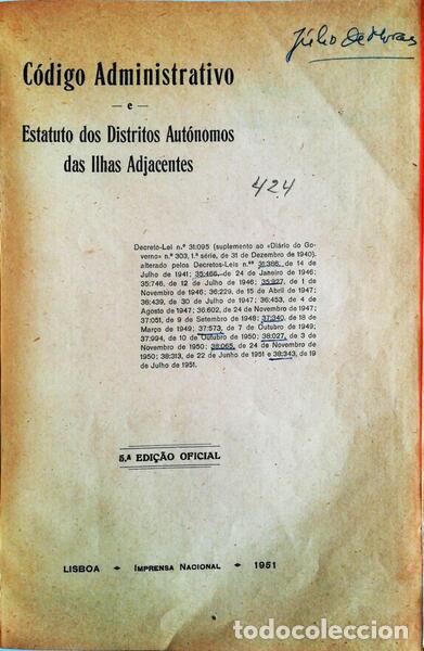 Libros antiguos: C&Oacute;DIGO ADMINISTRATIVO E ESTATUTO DOS DISTRITOS AUT&Oacute;NOMOS DAS ILHAS ADJACENTES. - Foto 1