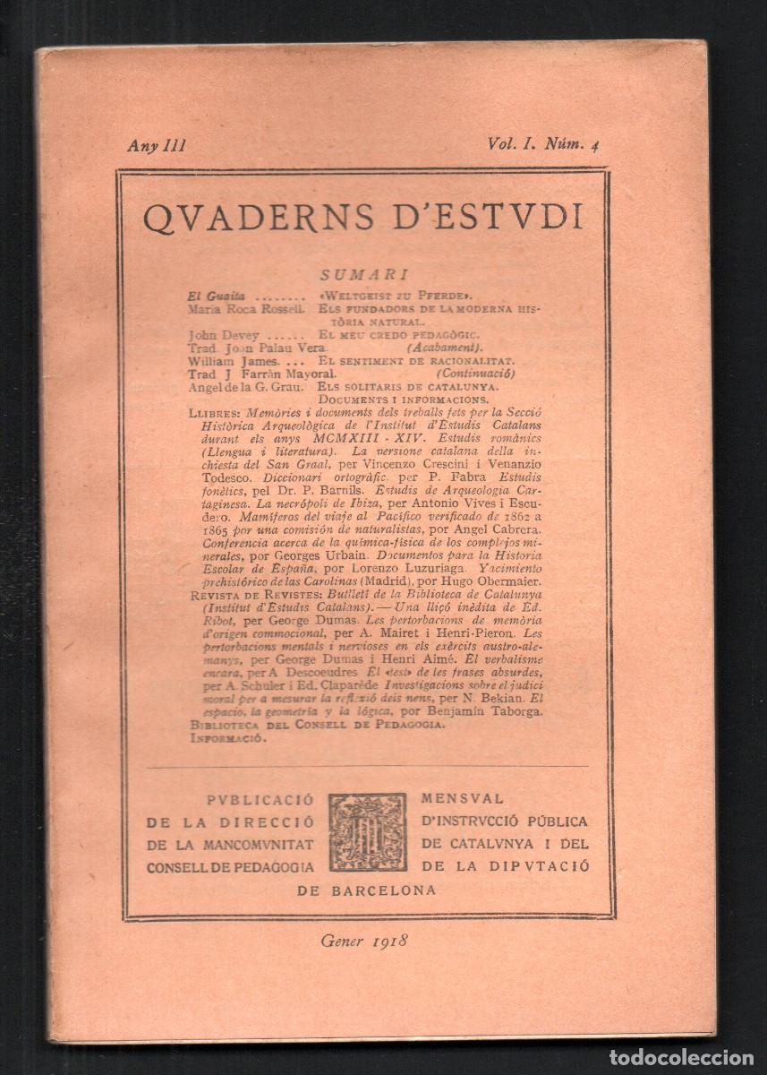 Libros antiguos: Quaderns d'Estudi. Revista especialment dedicada a Mestres i Professors. Any III, Vol. I. N&uacute;m 4.