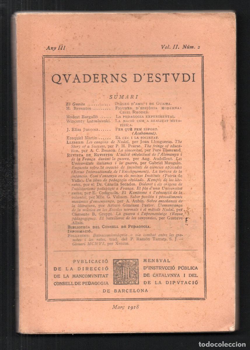 Libros antiguos: Quaderns d'Estudi. Revista especialment dedicada a Mestres i Professors. Any III, Vol. II. N&uacute;m 2.