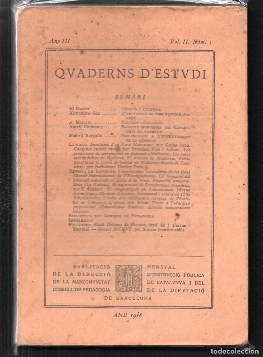 Libros antiguos: Quaderns d'Estudi. Revista especialment dedicada a Mestres i Professors. Any III, Vol. II. N&uacute;m 3.