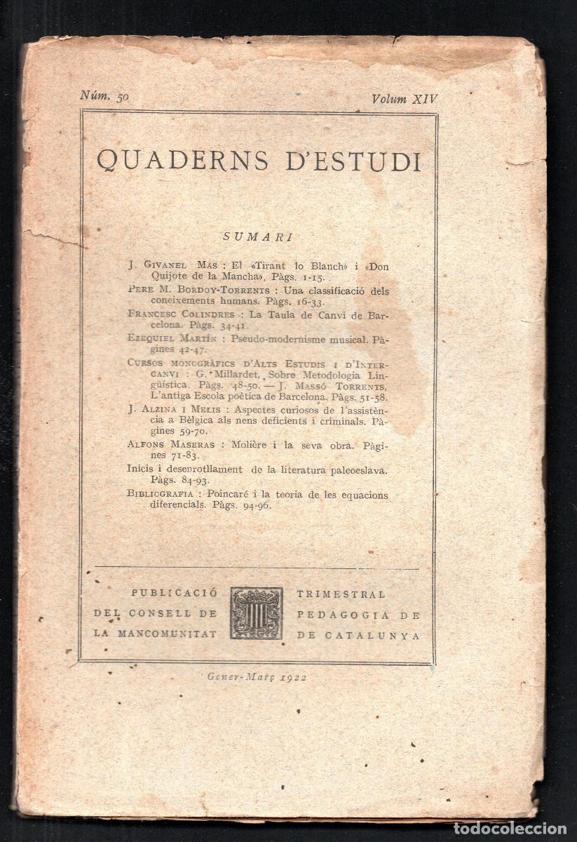Libros antiguos: Quaderns d'Estudi. Publicaci&oacute; de la direcci&oacute; de la Mancomunitat de Catalunya. N&uacute;m 50. Vol. XIV.