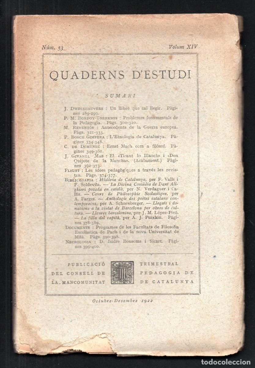 Libros antiguos: Quaderns d'Estudi. Publicaci&oacute; de la direcci&oacute; de la Mancomunitat de Catalunya. N&uacute;m 53. Vol. XIV.