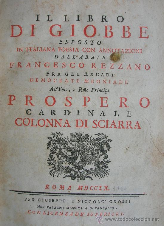 Libros antiguos: El Libro de Giobbe,1760,Roma,Poes&iacute;a Italiana,Libro Precioso,Buen Papel,Abad Francesco Rezzano