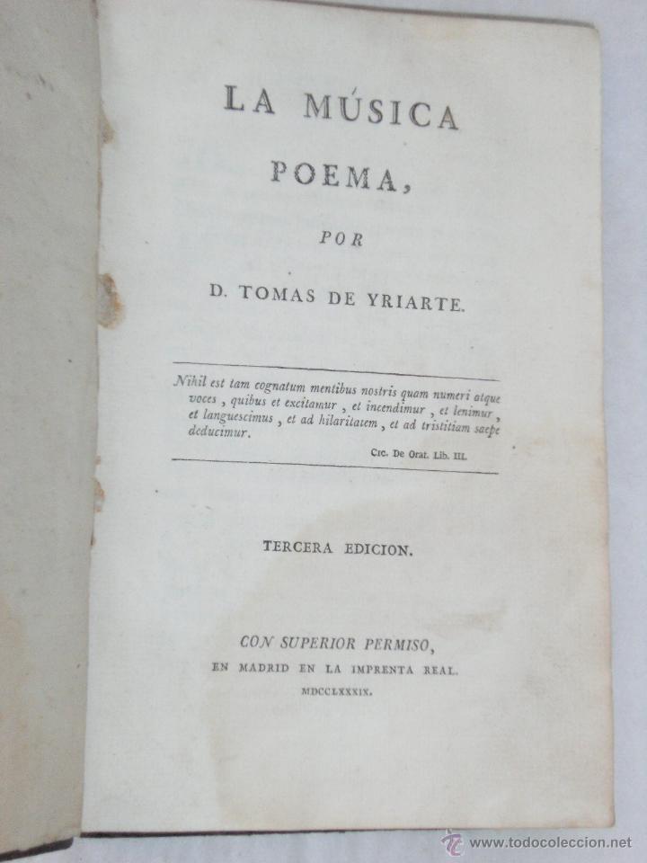 Libros antiguos: LA M&Uacute;SICA POEMA YRIARTE 5 BONITAS L&Aacute;MINAS PIEL &Eacute;POCA POESIA LITERATURA 1789