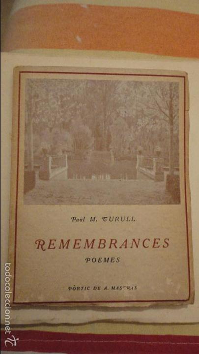 Libros antiguos: PAUL M.TURULL.REMEMBRANCES.POEMES.BARCELONA.1916