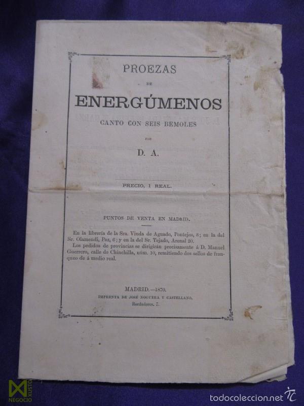 Libros antiguos: PROEZAS DE ENERGUMENOS, CANTO CON SEIS BEMOLES. DAVID ACEBAL Y ROCHAMBEAU. 1870