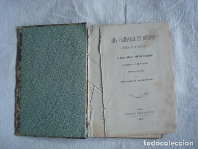 Libros antiguos: Uma primavera de mulher. Poema em 4 cantos por M. Amalia Vaz de Carvalho. 1867.