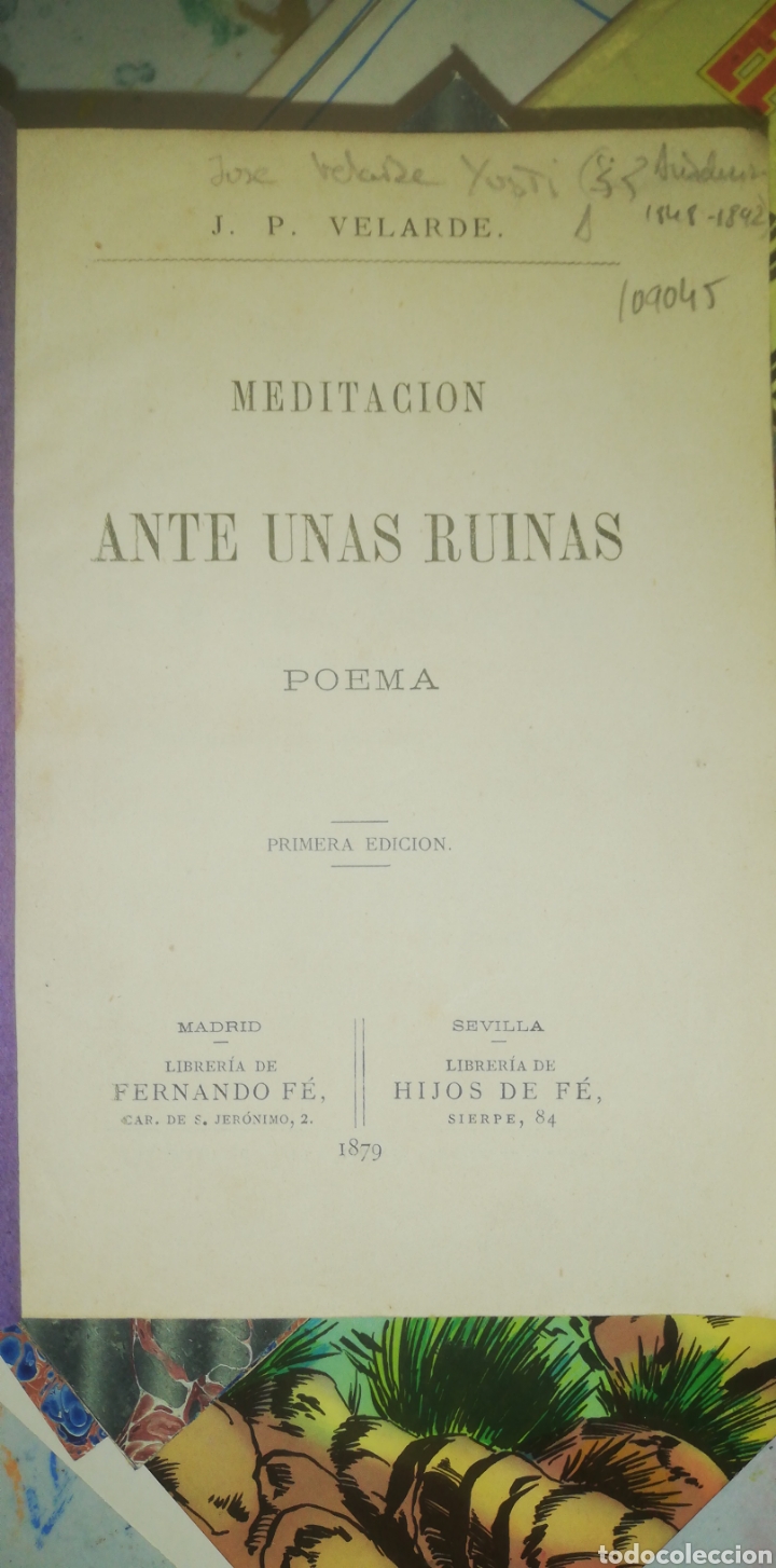 Libros antiguos: J. P. Velar de. Meditaci&oacute;n ante unas ruinas, 1879