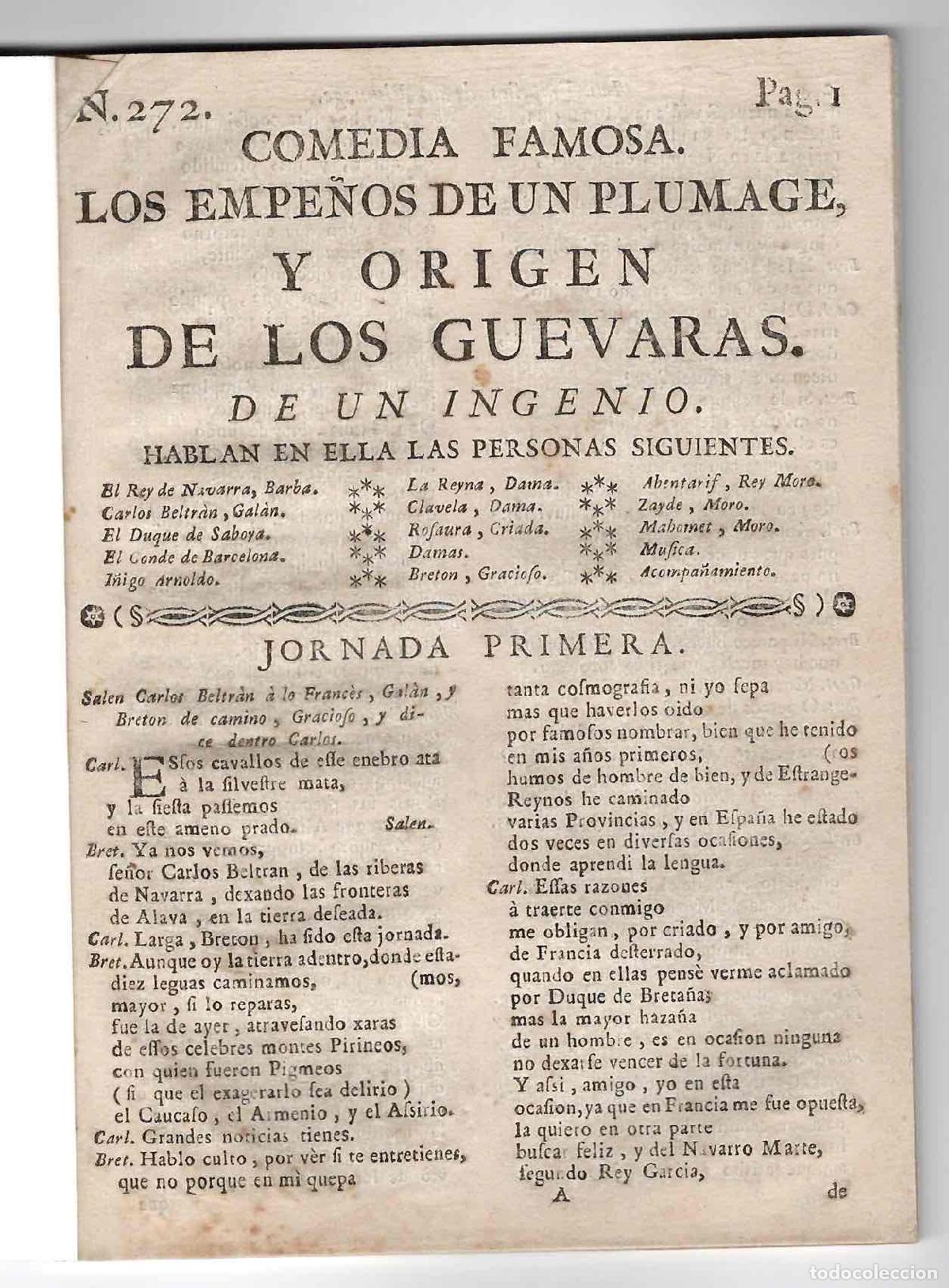 Libros antiguos: Comedia famosa. Los empe&ntilde;os de un plumage, y origen de los Guevaras. De un ingenio. n&ordm; 272. 1782.