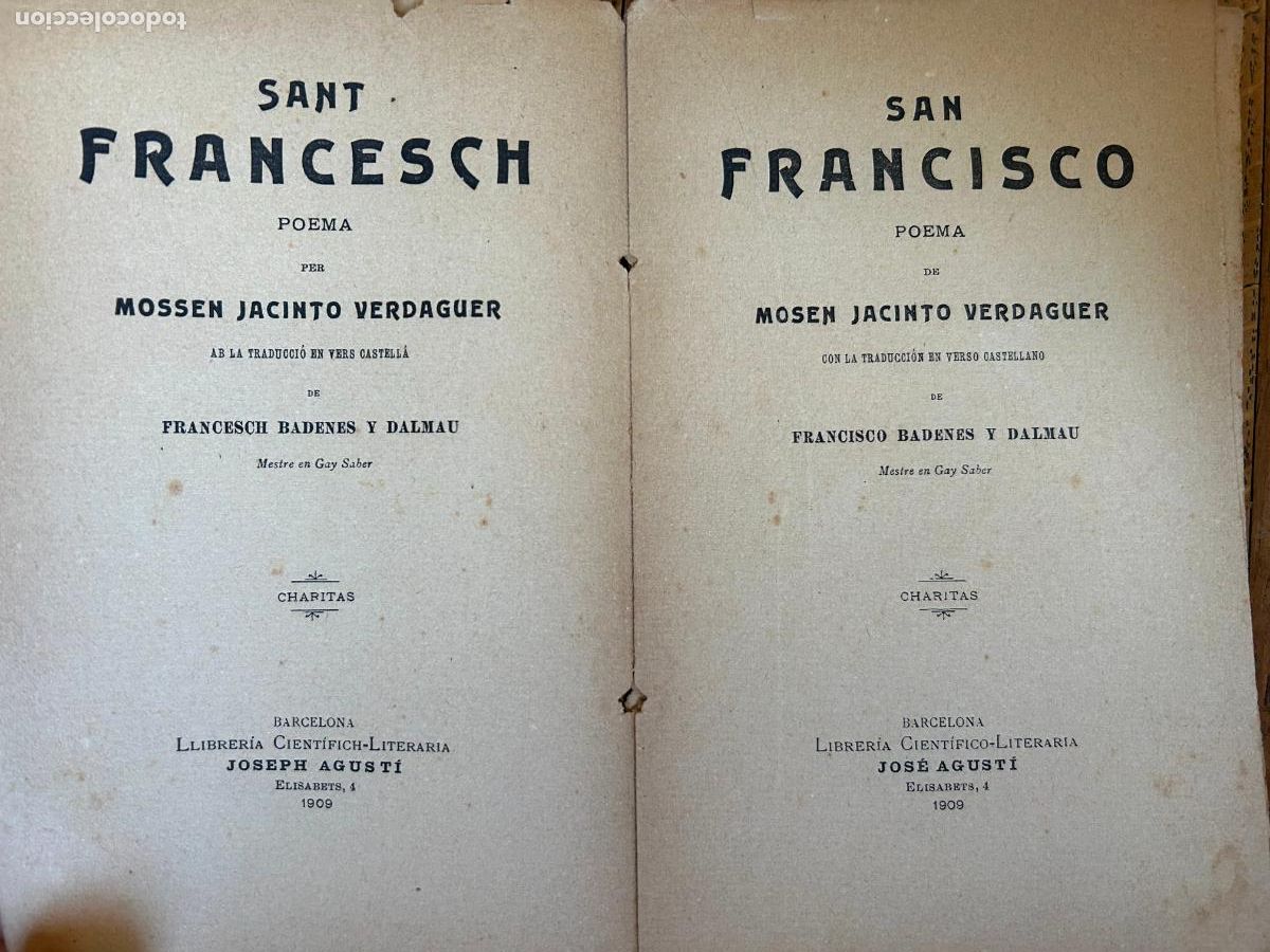 Libros antiguos: San Francisco Poema. Mosen Jacinto Verdaguer. Castellano y catal&aacute;n. Barcelona, 1909