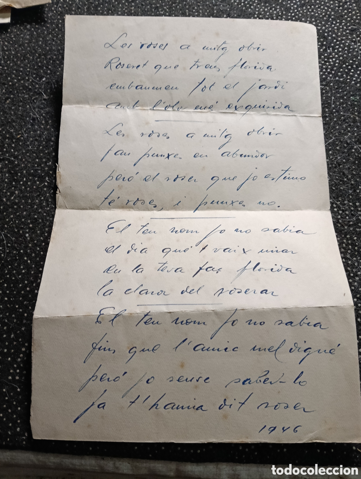 Libros antiguos: Este documento es un poema rom&aacute;ntico escrito a mano en catal&aacute;n, fechado en 1946,