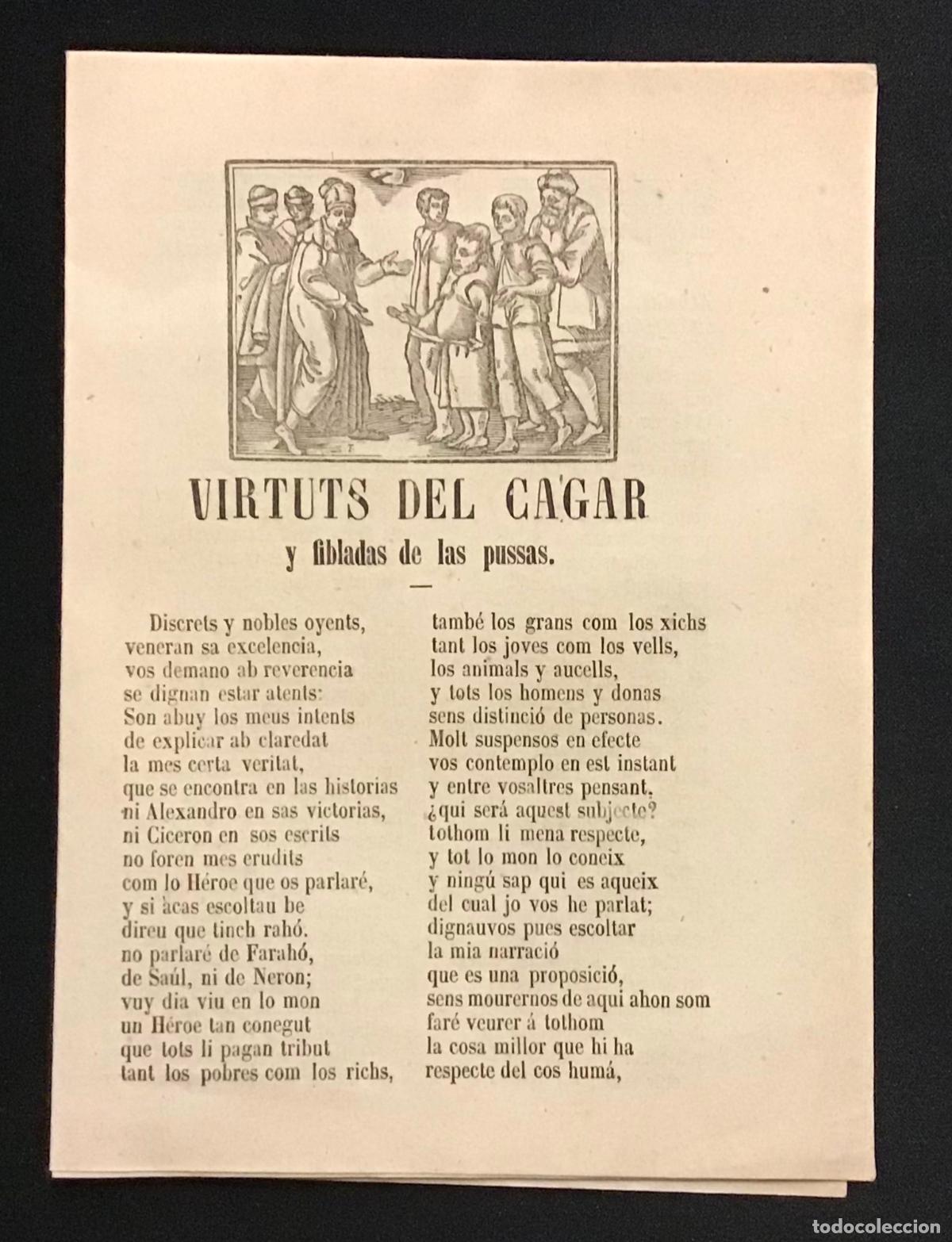Libros antiguos: VIRTUTS DEL CAGAR Y FIBLADAS DE LAS PUSSAS. Imp. Roca. Manresa, 1873.