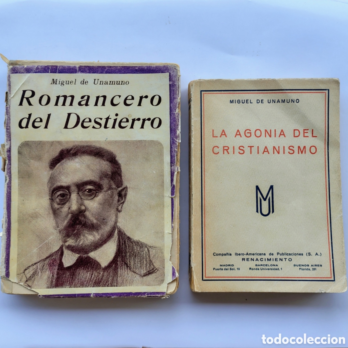 Libros antiguos: Lote 2 Libros de Miguel de Unamuno | Romancero del Destierro (1928) + La agon&iacute;a del cristianismo (19