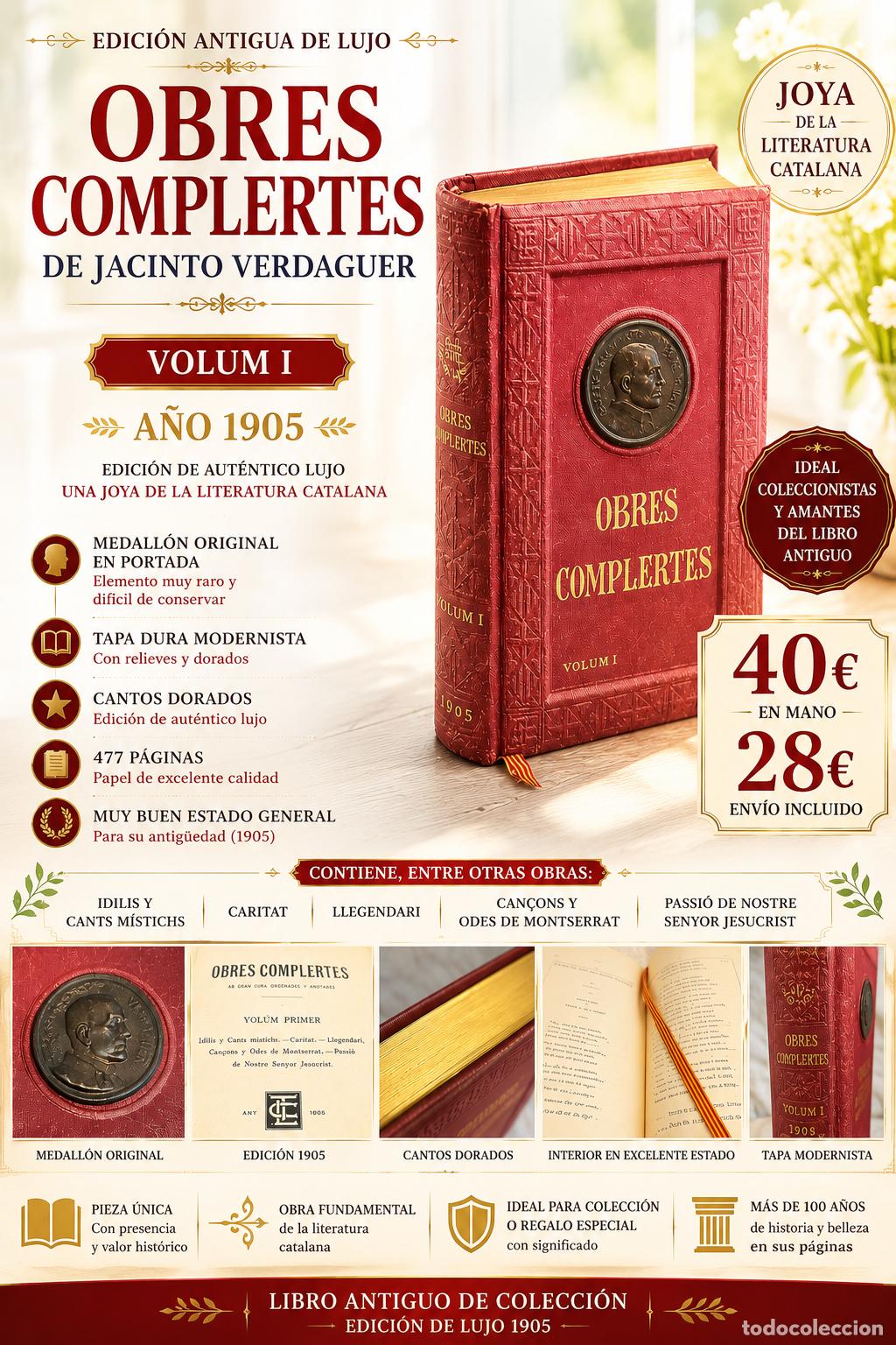 Livres anciens: OBRES COMPLERTES JACINTO VERDAGUER | VOL I | 1905 | MEDALL&Oacute;N ORIGINAL | LUJO
