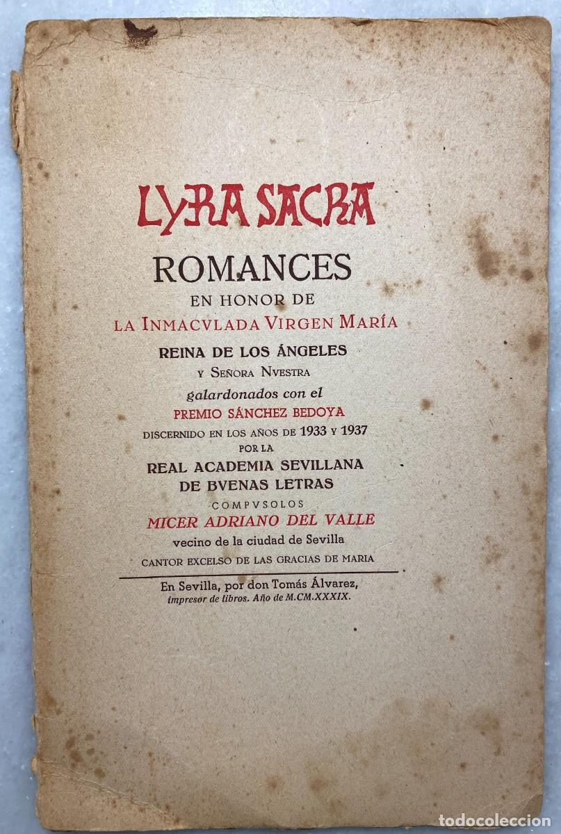 Libros antiguos: VALLE, Adriano del. Lyra Sacra. Romances en honor de Inmaculada Virgen Mar&iacute;a reina de los &Aacute;ngeles. 1