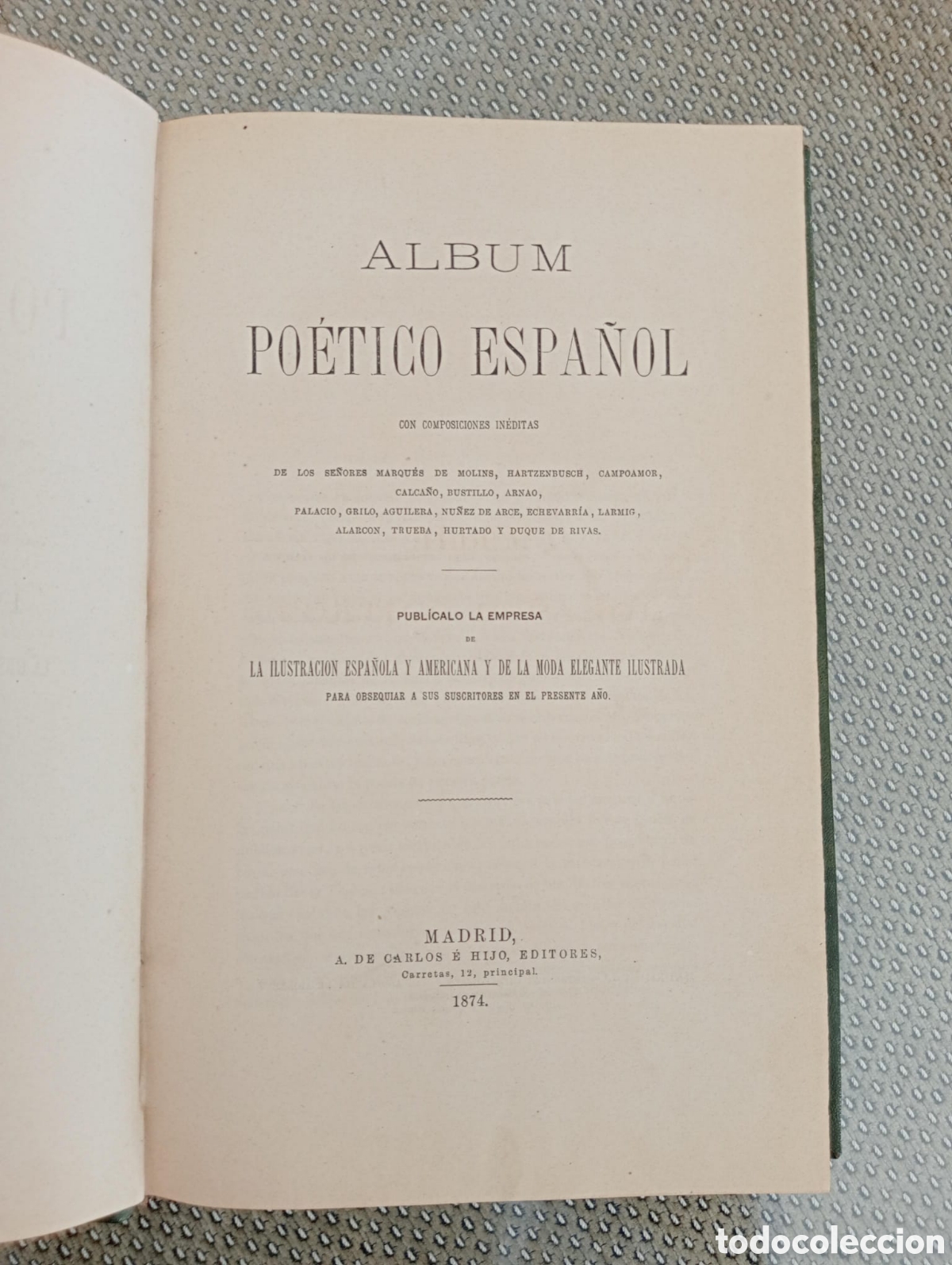 Libros antiguos: &Aacute;lbum po&eacute;tico espa&ntilde;ol. Molins, Hartzenbusch, Campoamor , Palacio, Calca&ntilde;o, Arnao, Grilo, Aguilera
