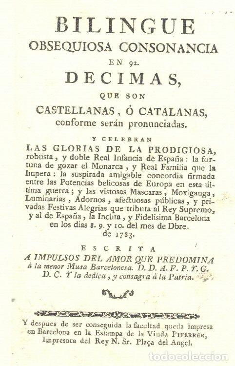 Libros antiguos: Biling&uuml;e obsequiosa consonancia (1783). Portada facs&iacute;mil