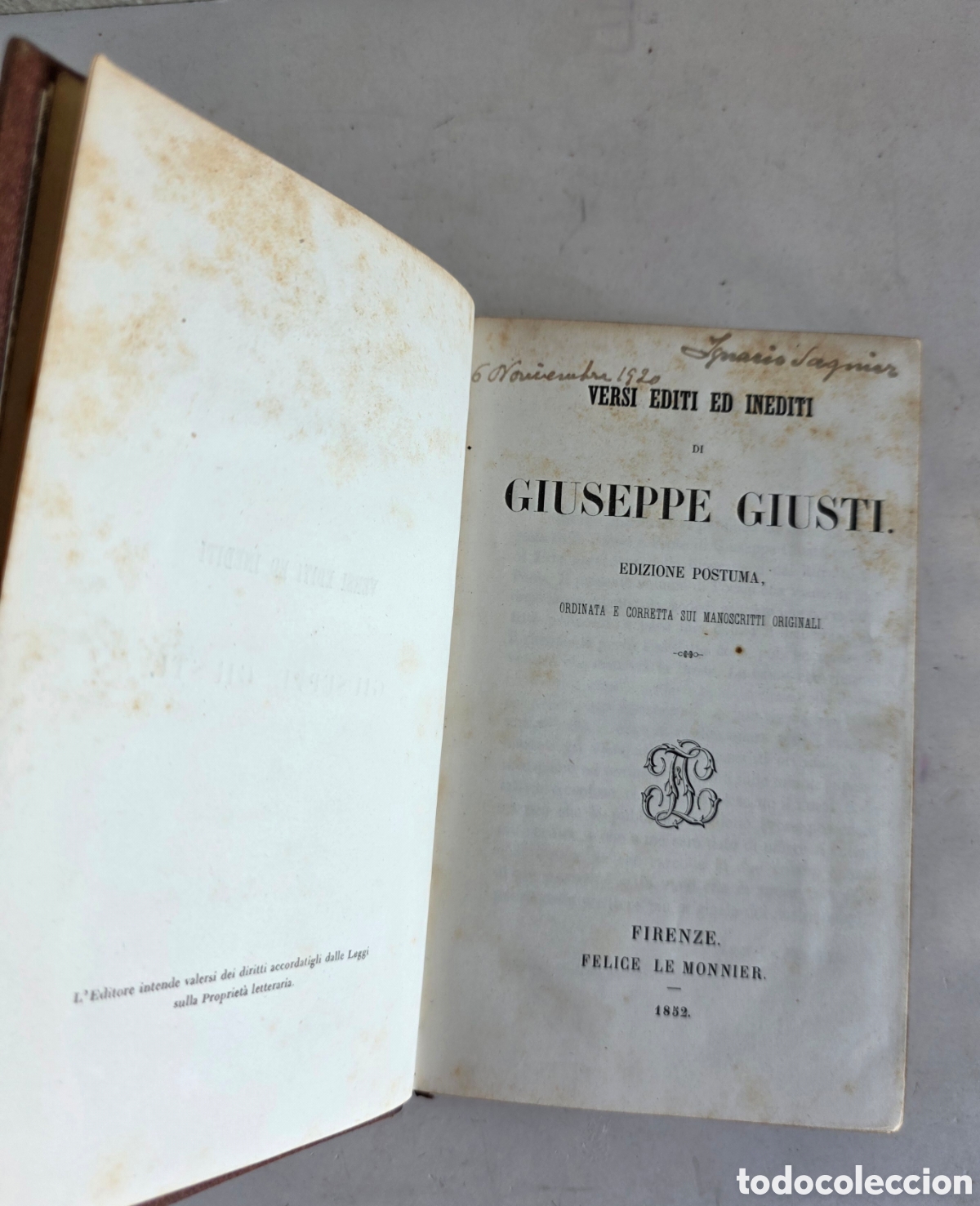 Antiquarische B&uuml;cher: Versi editi et Inediti di Giuseppe Giusti 1852 Edizione Postuma Italia Firenze Cantos Dorados Poes&iacute;a