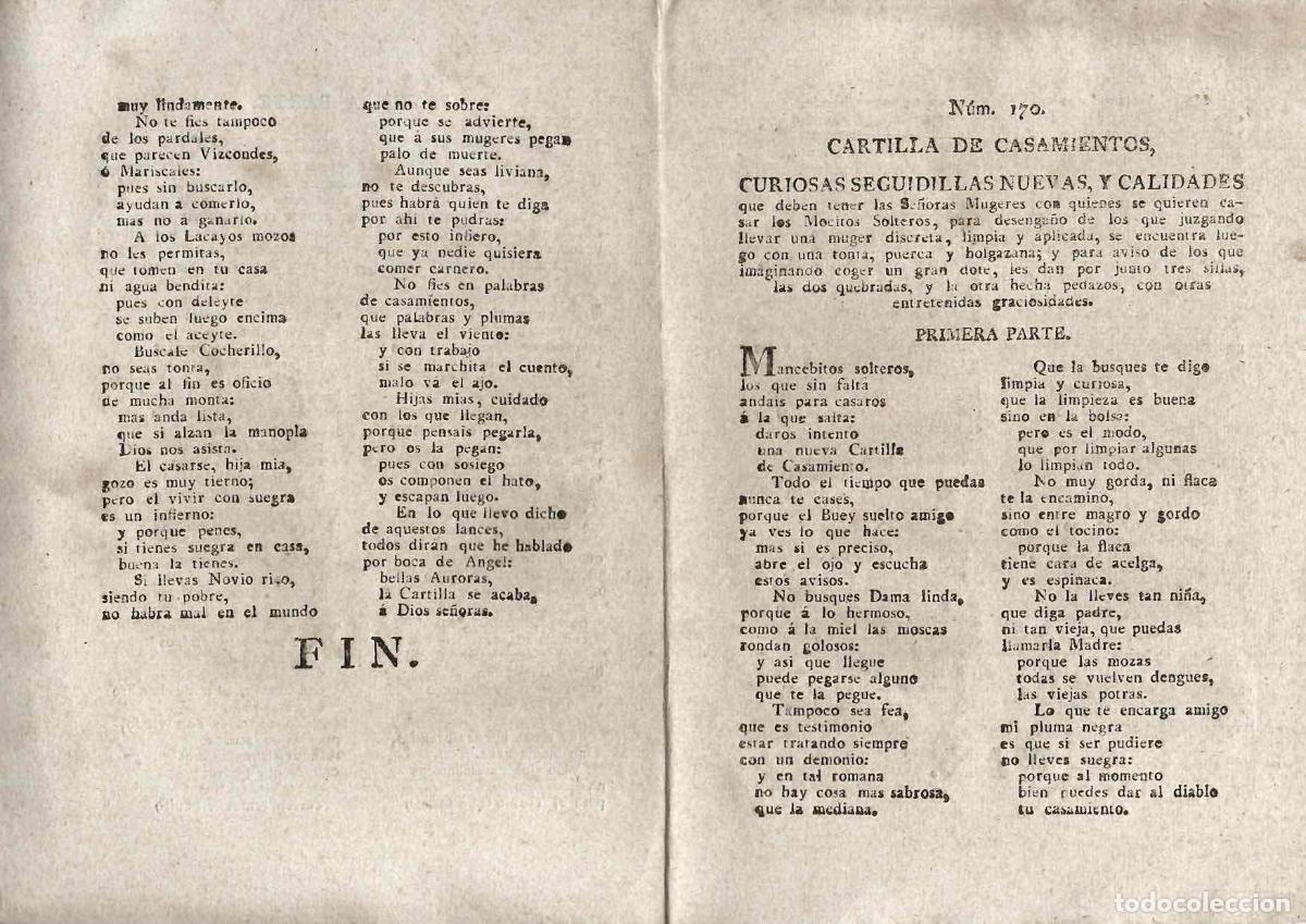 Libros antiguos: PLIEGO CORDEL CARTILLA DE CASAMIENTOS, CURIOSAS SEGUIDILLAS N&ordm; 170. C.1830