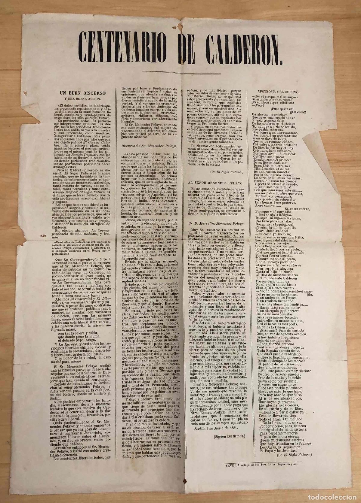 Libros antiguos: CENTENARIO DE CALDERON. POESIAS DEDICADAS A CALDERON POR MARCELINO MENENDEZ PELAYO. SEVILLA, 1881