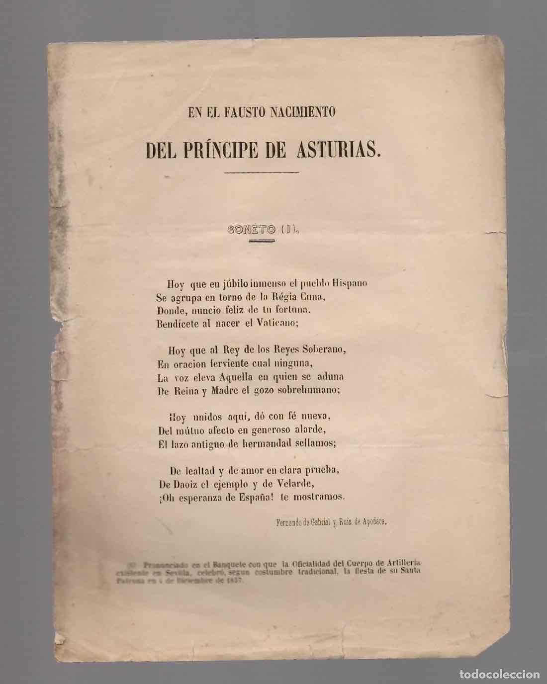 Libros antiguos: ODA EN EL FAUSTO NACIMIENTO DEL PRINCIPE DE ASTURIAS. FERNANDO DE GABRIEL Y RUIZ DE APODACA. SEVILLA