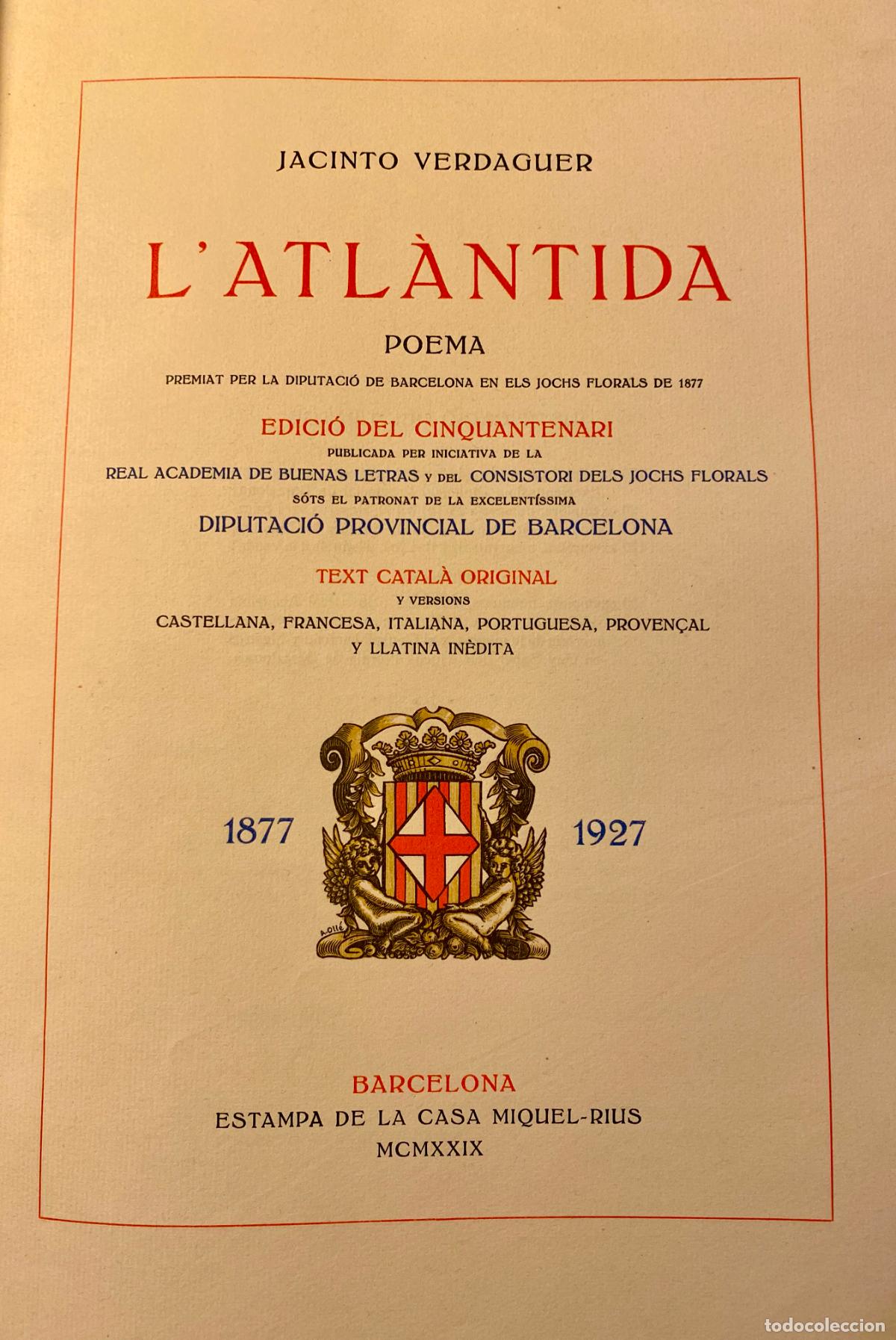 Libros antiguos: L'ATL&Agrave;TIDA, JACINT VERDAGUER ED.CINQUANTENARI 1929