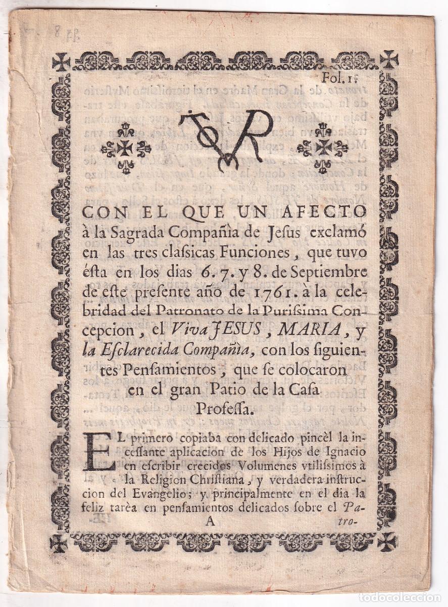 Libros antiguos: RARO IMPRESO PO&Eacute;TICO DE LOS JESUITAS DE SEVILLA EN LAS FIESTAS DE LA PUR&Iacute;SIMA CONCEPCI&Oacute;N. 1761