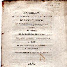 Libros antiguos: EXPOSICIÓN Y ORDEN SOBRE EL RESTABLECIMIENTO DE CONVENTOS, ANTONIO CANO, CORTES CÁDIZ, LEMA 1812