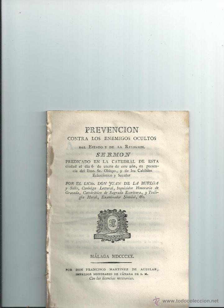 Old books: PREVENCION CONTRA LOS ENEMIGOS OCULTOS DEL ESTADO ... M&aacute;laga 1820 ... BUELGA Y SOLIS, Juan de la