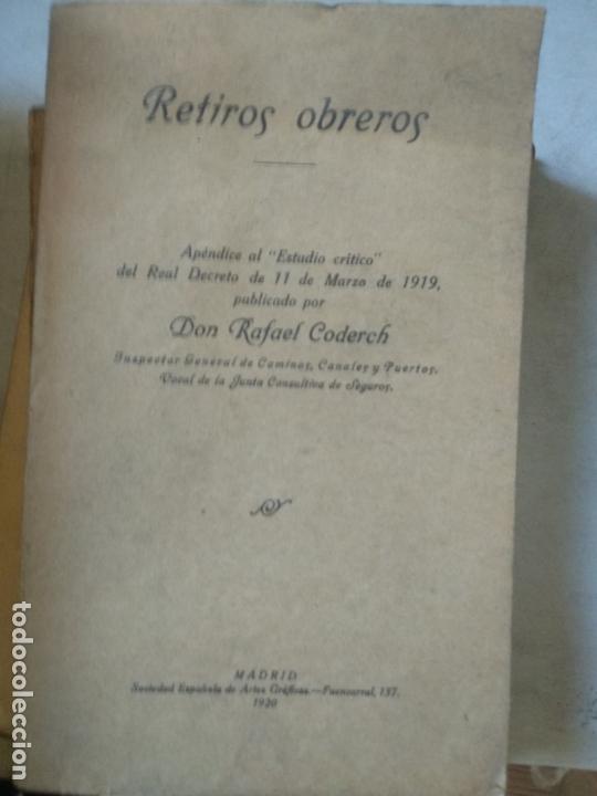 Libros antiguos: CODERCH, RAFAEL: RETIROS OBREROS. - Foto 1