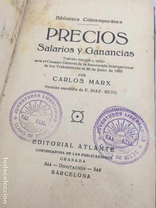 Libros antiguos: Carlos Marx. Precios, Salarios y Ganancias. 1920 Biblioteca Juventudes Libertarias Llano de Besós - Foto 1 - 181165577