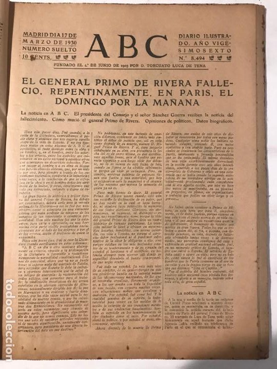 Libros antiguos: ABC 17 MARZO 1930 FALLECE PRIMO DE RIVERA - Foto 2 - 215814880