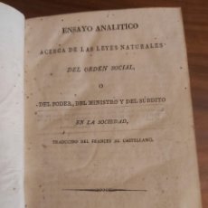 Libros antiguos: ENSAYO ANALÍTICO ACERCA DE LAS LEYES NATURALES DEL ORDEN SOCIAL / VIZCONDE DE BONALD (1823). Lote 366211356
