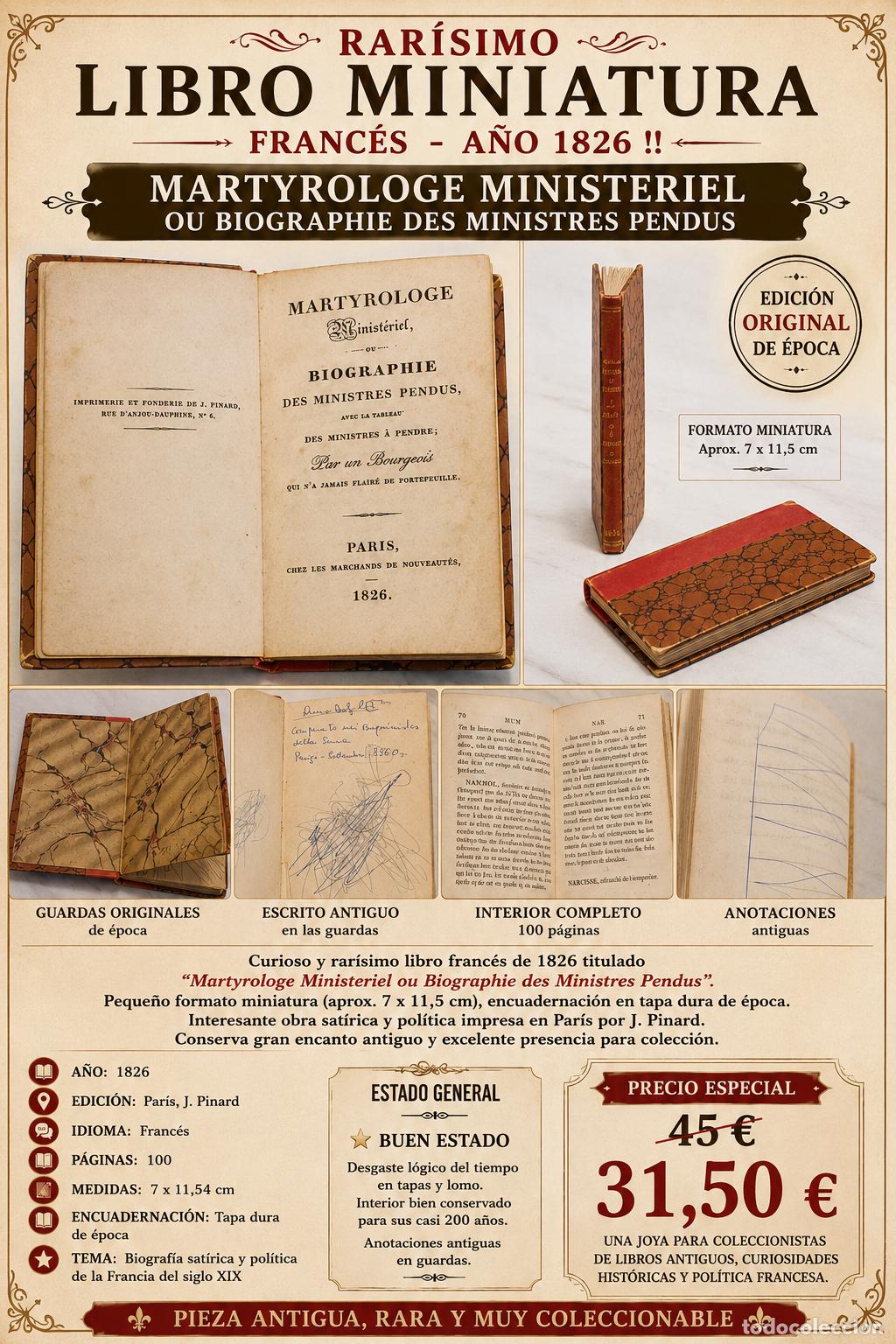 Libros antiguos: RAR&Iacute;SIMO LIBRO MINIATURA FRANC&Eacute;S 1826 - MARTYROLOGE MINISTERIEL - PAR&Iacute;S
