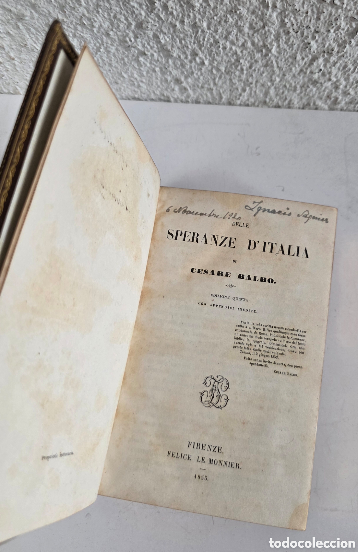 Libros antiguos: Delle Speranze d' Italia - Cesare Balbo 1855 - Resorgimento Cantos Dorados Pol&iacute;tica Italiana