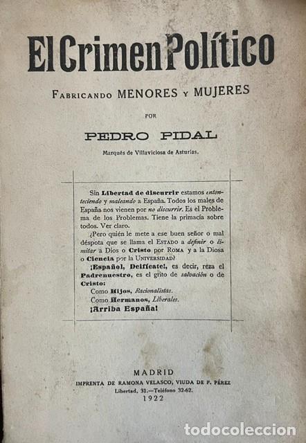 Libros antiguos: El crimen pol&iacute;tico, por Pedro Pidal, marqu&eacute;s de Villaviciosa de Asturias