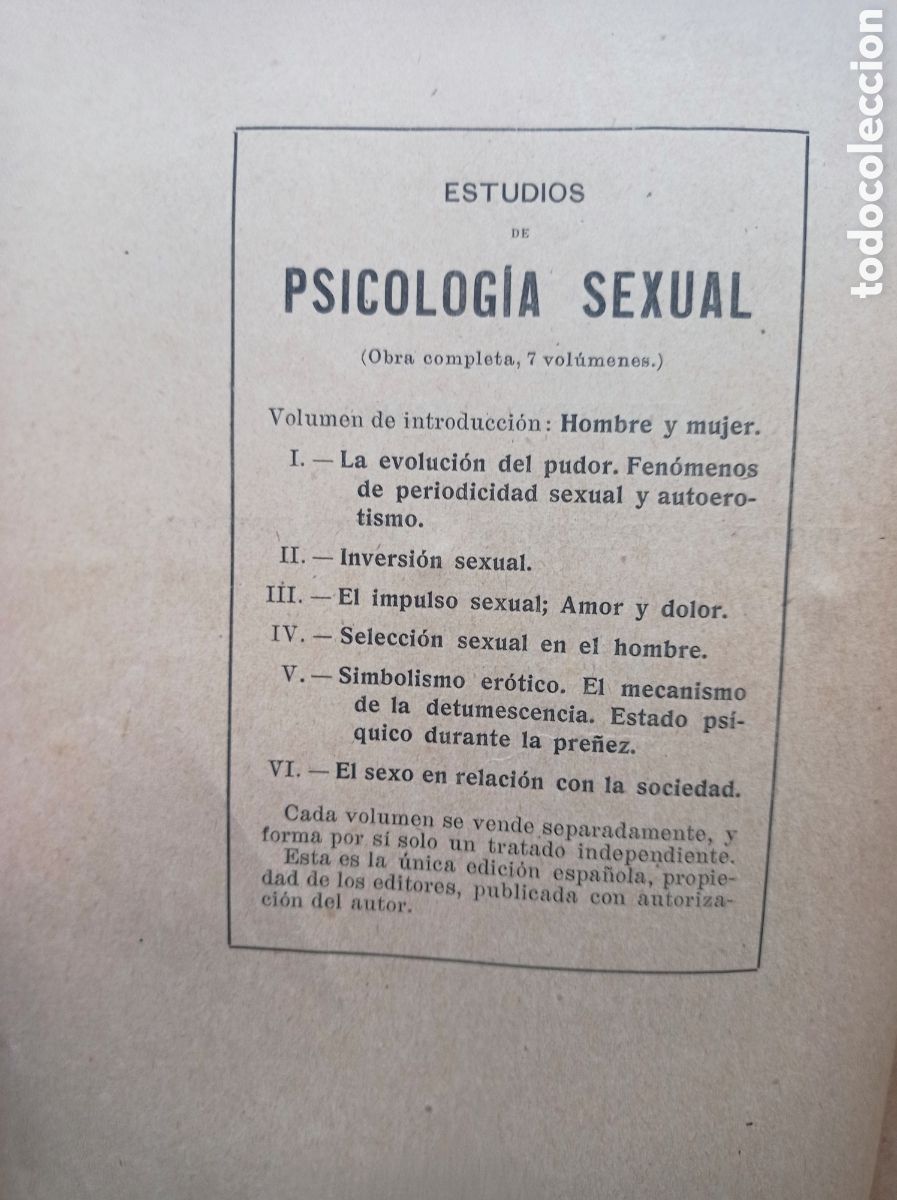 Libros antiguos: ESTUDIOS DE PSICOLOG&Iacute;A SEXUAL. HAVELOCK ELLIS. 1913.