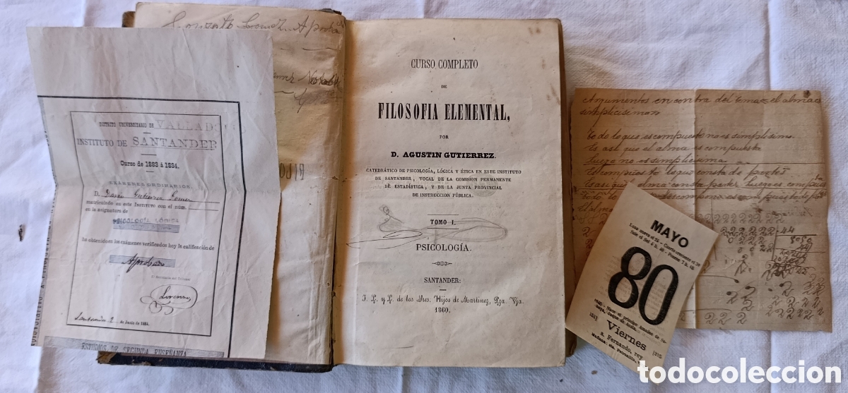 Libros antiguos: Curso Completo de Filosof&iacute;a Elemental. Tomo I: Psicolog&iacute;a &ndash; Agust&iacute;n Guti&eacute;rrez &ndash; Santander, 1860