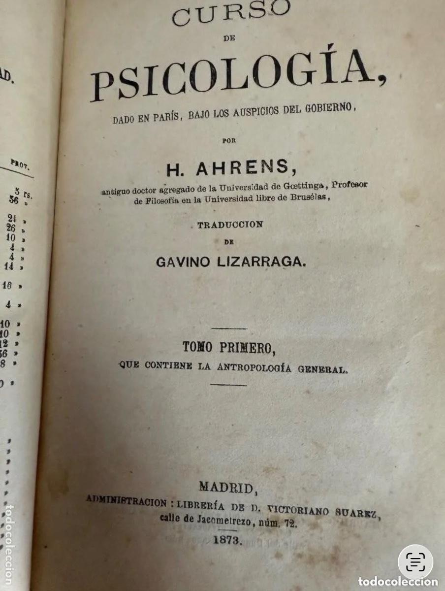 Libros antiguos: Curso de Psicolog&iacute;a (1873) de H. Ahrens | Primera edici&oacute;n espa&ntilde;ola del siglo XIX | Encuadernaci&oacute;n