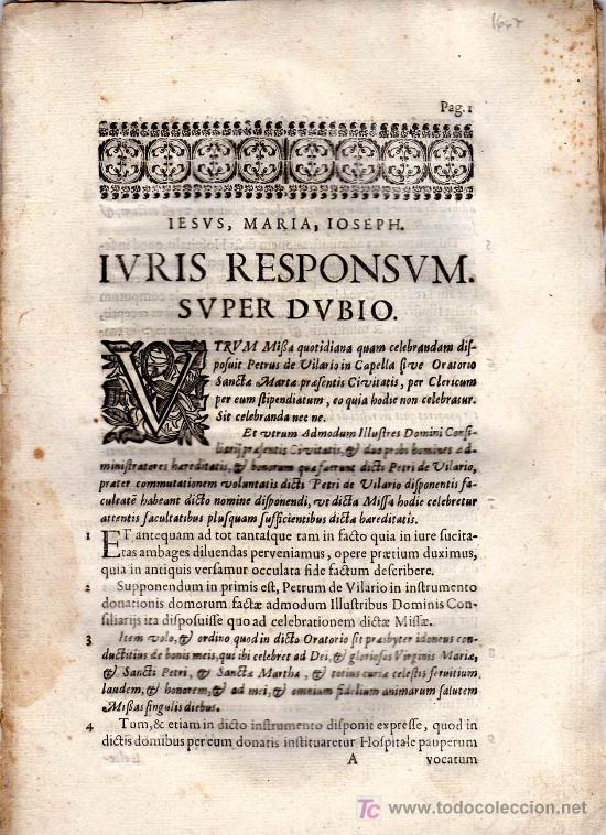 Libros antiguos: PALMAROLA Y JOFREU: Alegaci&oacute;n jur&iacute;dica sobre un encargo incumplido de celebraci&oacute;n de misas (1660)