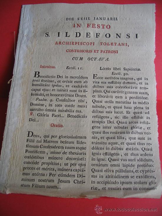 Libros antiguos: Hojas de misal oficio de S,Ildefonso patron de Toledo rara impresion Imprenta Regia Madrid 1816