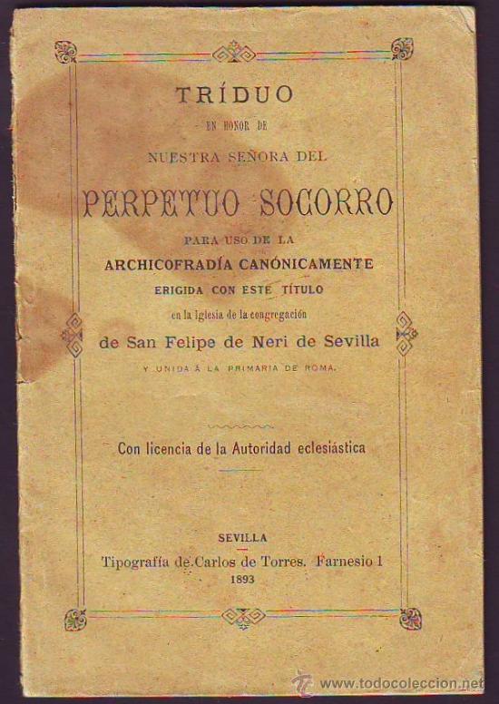 Livres anciens: LT-010 TRIDUO EN HONOR NUESTRA SE&Ntilde;ORA DEL PERPETUO SOCORRO 1893