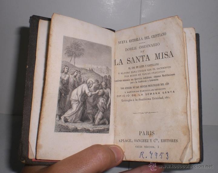 Old books: DOBLE ORDINARIO DE LA SANTA MISA. En lat&iacute;n y en castellano. 1890. Con grabados. Bordes dorados.
