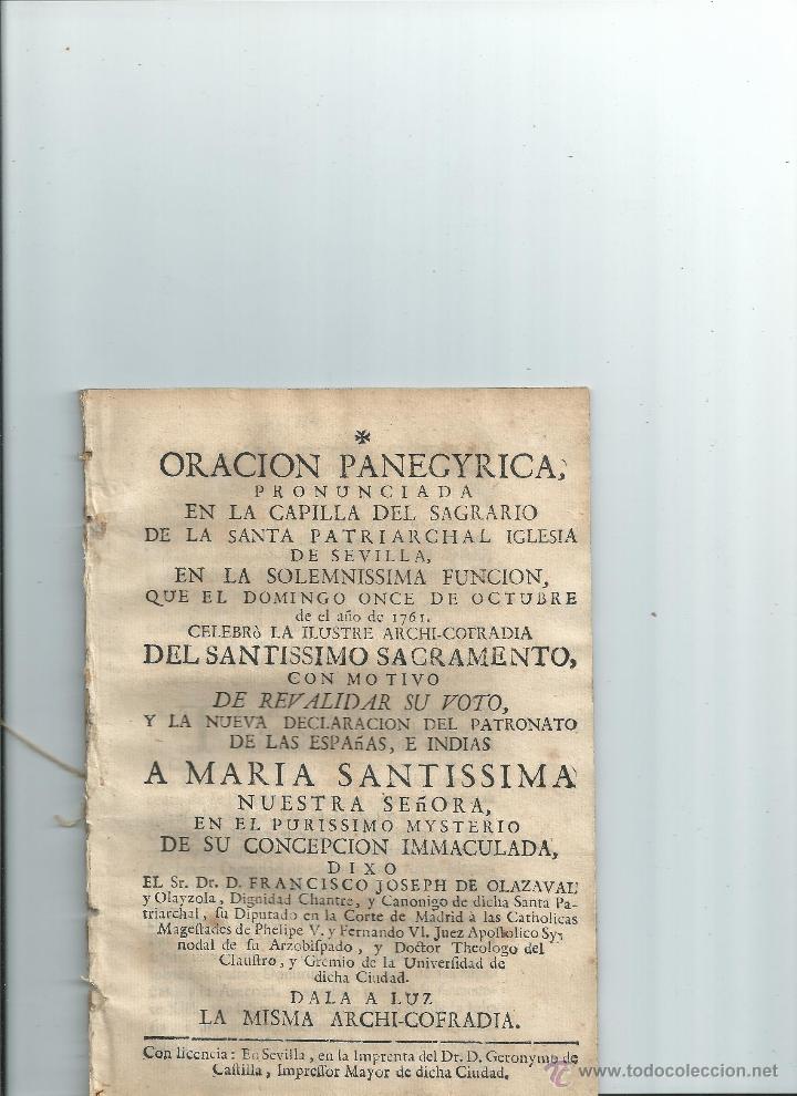 Libros antiguos: Olazaval y Olayzola, Francisco Jos&eacute; de / Oracion panegyrica. Sevilla 1761