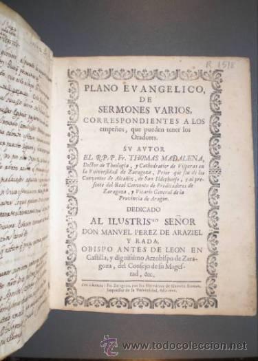 Libri antichi: MADALENA, THOMAS: PLANO EVANGELICO, DE SERMONES VARIOS. 1721 Primera edici&oacute;n.