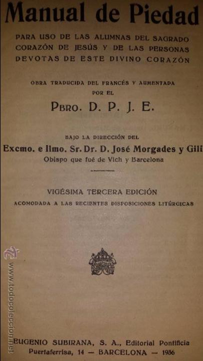 Libros antiguos: ANTIGUO MANUAL DE PIEDAD PIEL;A&Ntilde;O 1936; INICIALES GRABADAS EN PORTADA. ALUMNAS DEL SAGRADO CORAZ&Oacute;N.