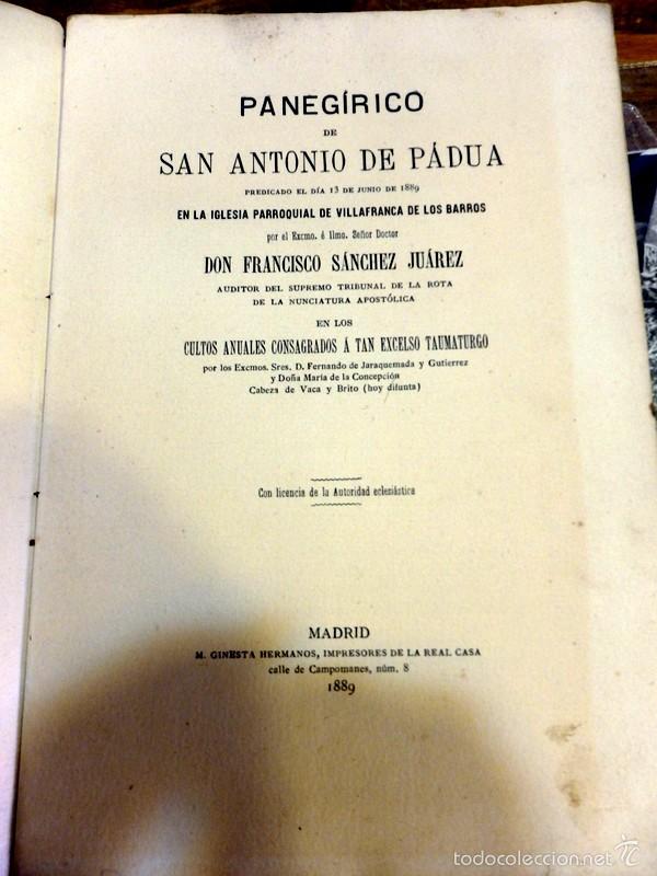 Libros antiguos: PANEGIRICO DE SAN ANTONIO DE PADUA PREDICADO EN VILLAFRANCA DE LOS BARROS,BADAJOZ,1889