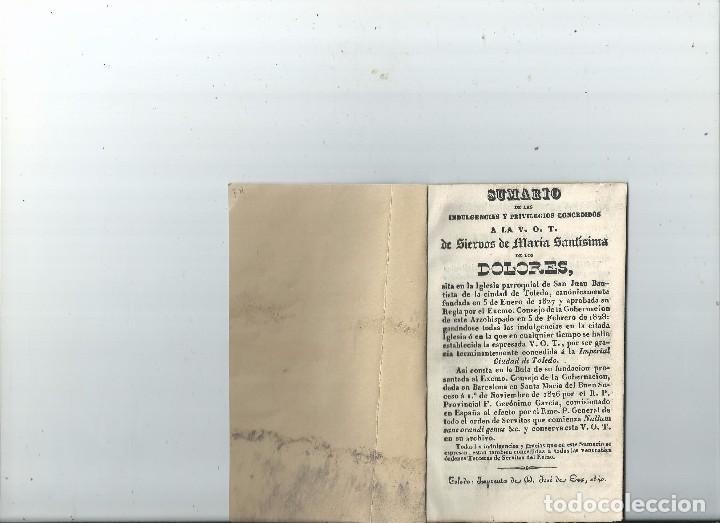 Libri antichi: Sumario indulgencias y privilegios V.O.T. de Siervos de Mar&iacute;a Sant&iacute;sima de los Dolores Toledo 1840